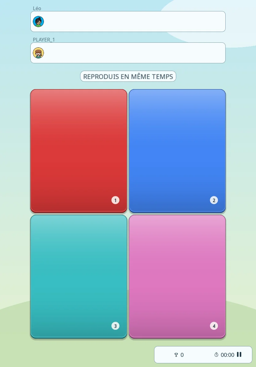 Début d’une partie de Tap Tap en mode Suivre sur tablette, thème clair : quatre grandes cases numérotées au centre de l’écran, avec en dessous le score et le chrono à zéro.
