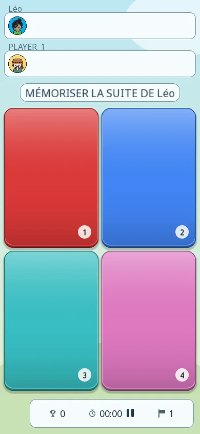 Début d’une partie de Tap Tap en mode Mémoriser sur téléphone, thème clair : les mêmes quatre cases numérotées, avec en dessous le score et le chrono à zéro et la première manche.
